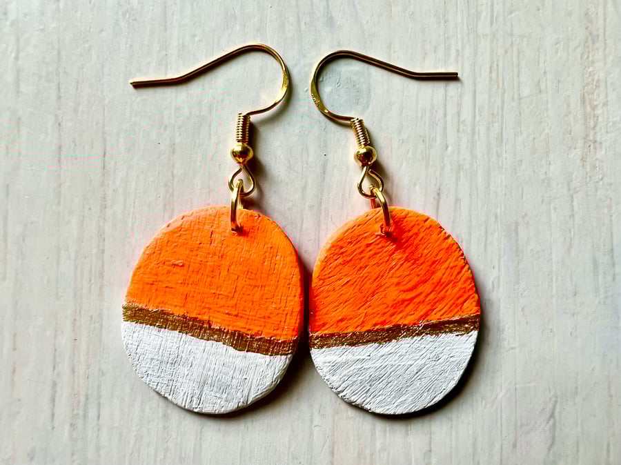 Retro style wooden earrings orange, gold and white with gold-plated hooks