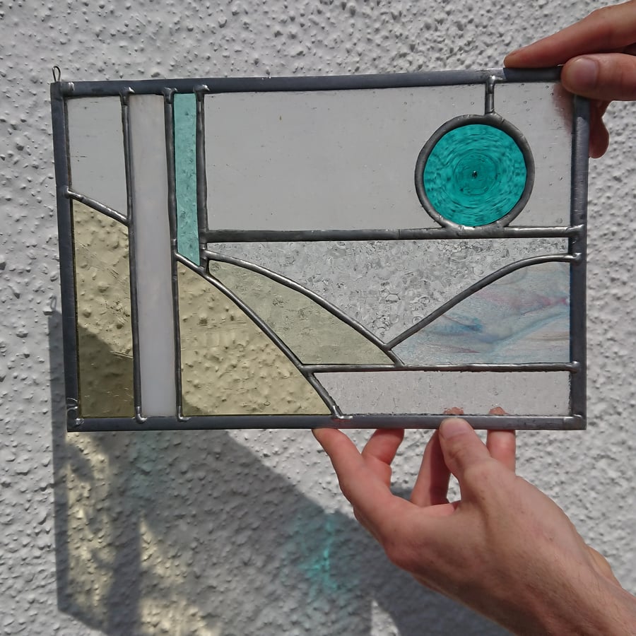 SOLD Stained glass abstract landscape, transparent panel. Copperfoil and lead. 