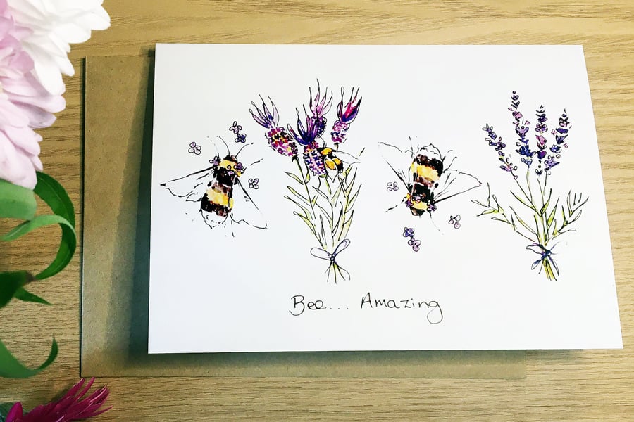 Bee...Amazing Card Bee and Lavender Greeting Birthday Party Occasion Animal Flow