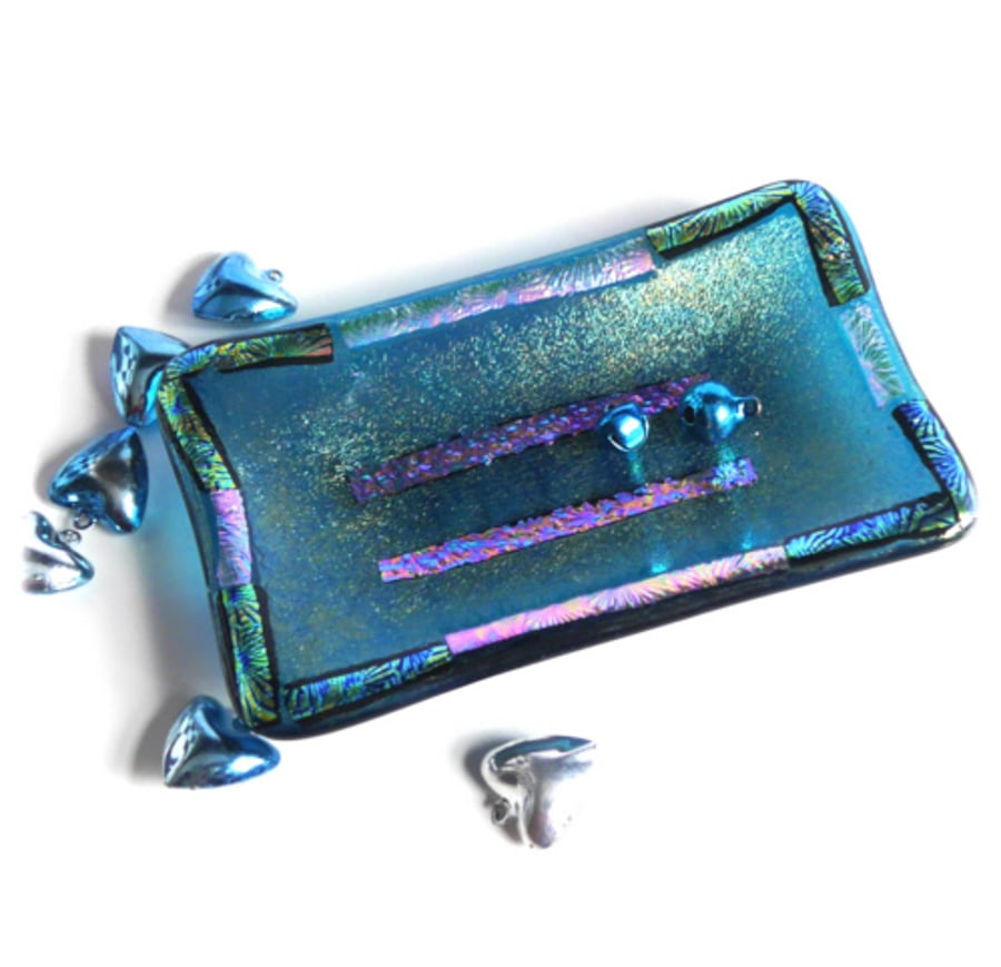 SOLD Soap Dish Fused Glass Emerald dichroic Trinket 017