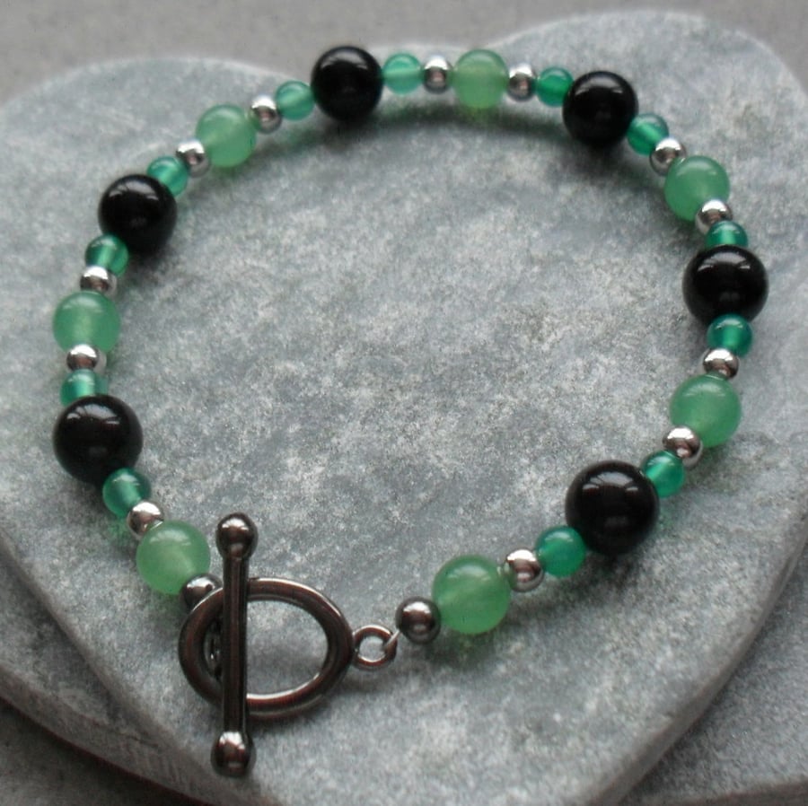Onyx Agate and Aventurine Semi Precious Gemstone Black Tone Bracelet 