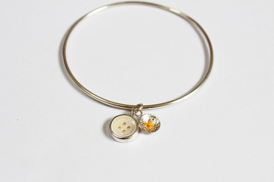 Button bangle, charm bangle, vintage button, silver bangle
