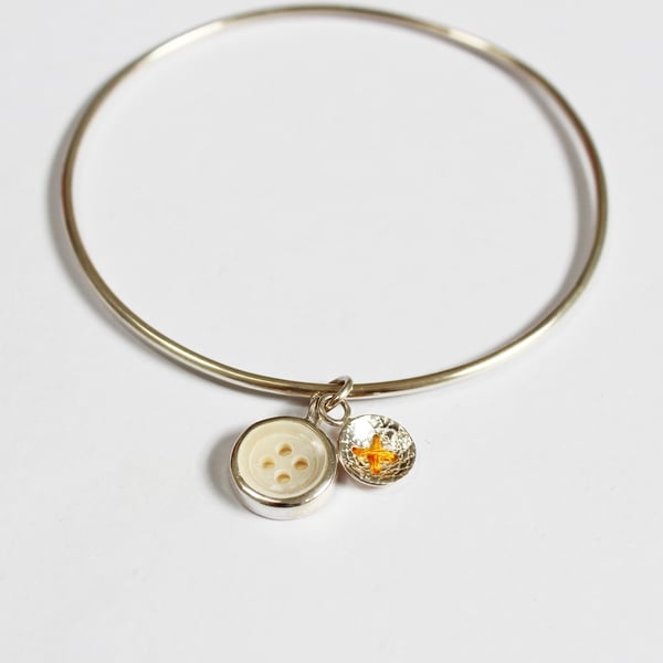 Button bangle, charm bangle, vintage button, silver bangle