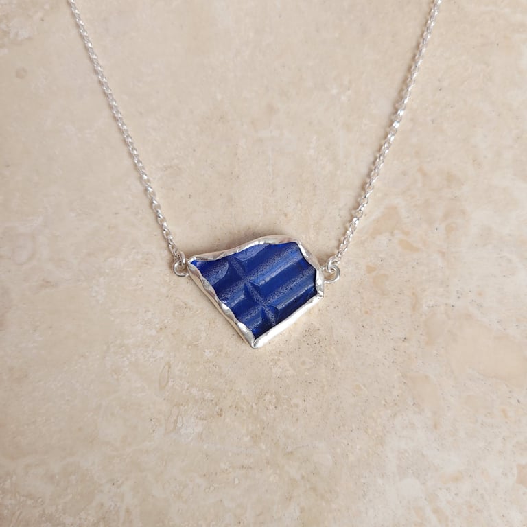 Blue Sea Glass Sterling Silver Necklace - Corrugated Triangle