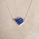 Blue Sea Glass Sterling Silver Necklace - Corrugated Triangle