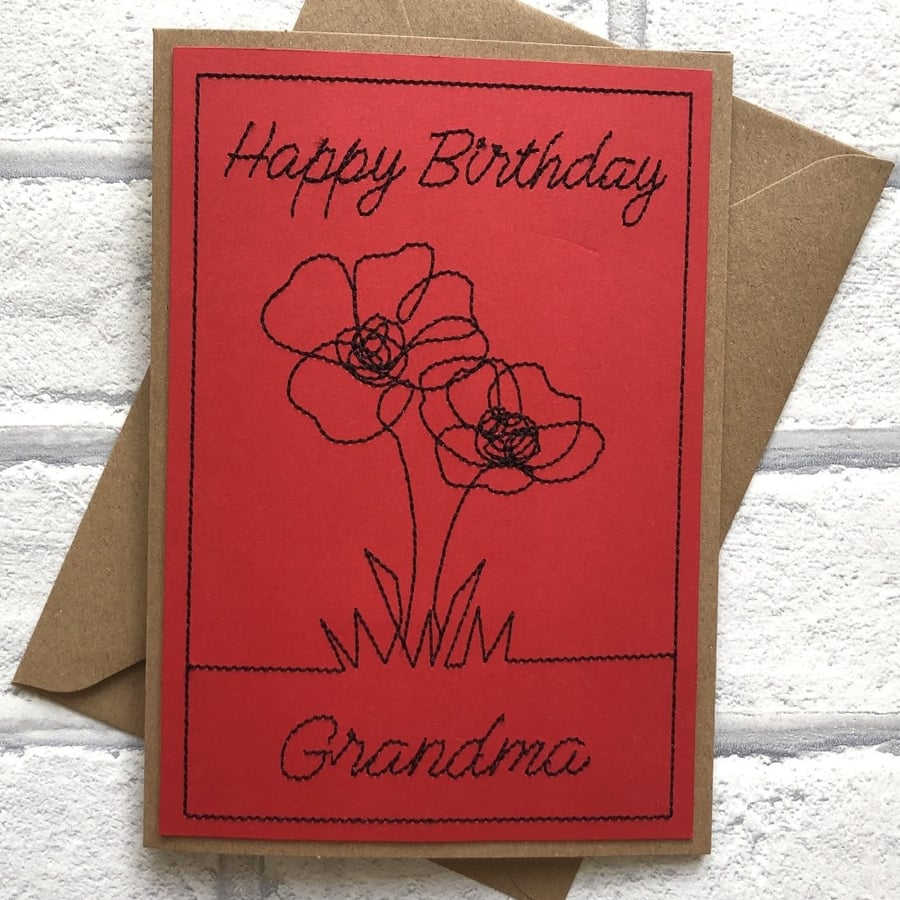 Happy Birthday Grandma Poppies 5x7  Kraft Card Handmade Embroidered