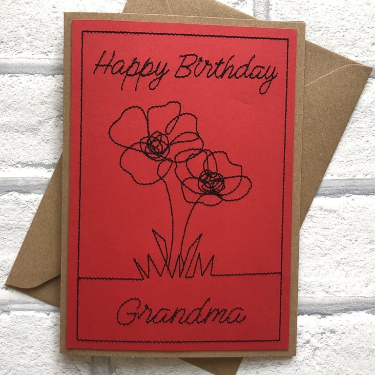 Happy Birthday Grandma Poppies 5x7  Kraft Card Handmade Embroidered