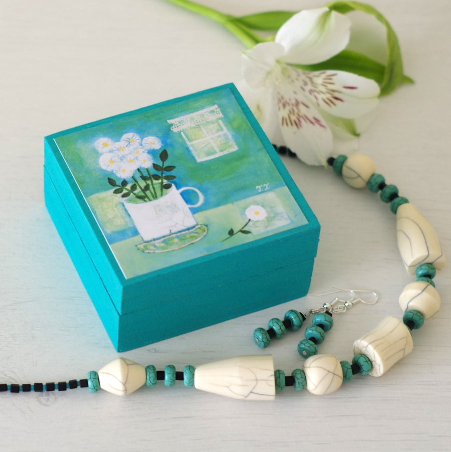 Turquoise Jewellery Set with Floral Trinket Box, Turquoise Necklace and Earrings