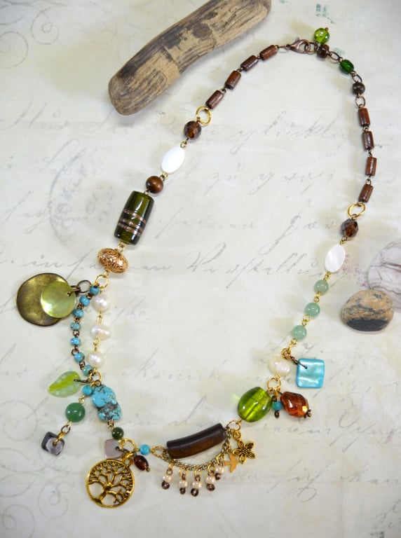 "Tree of Life" Natural Boho Beaded Charm Necklace