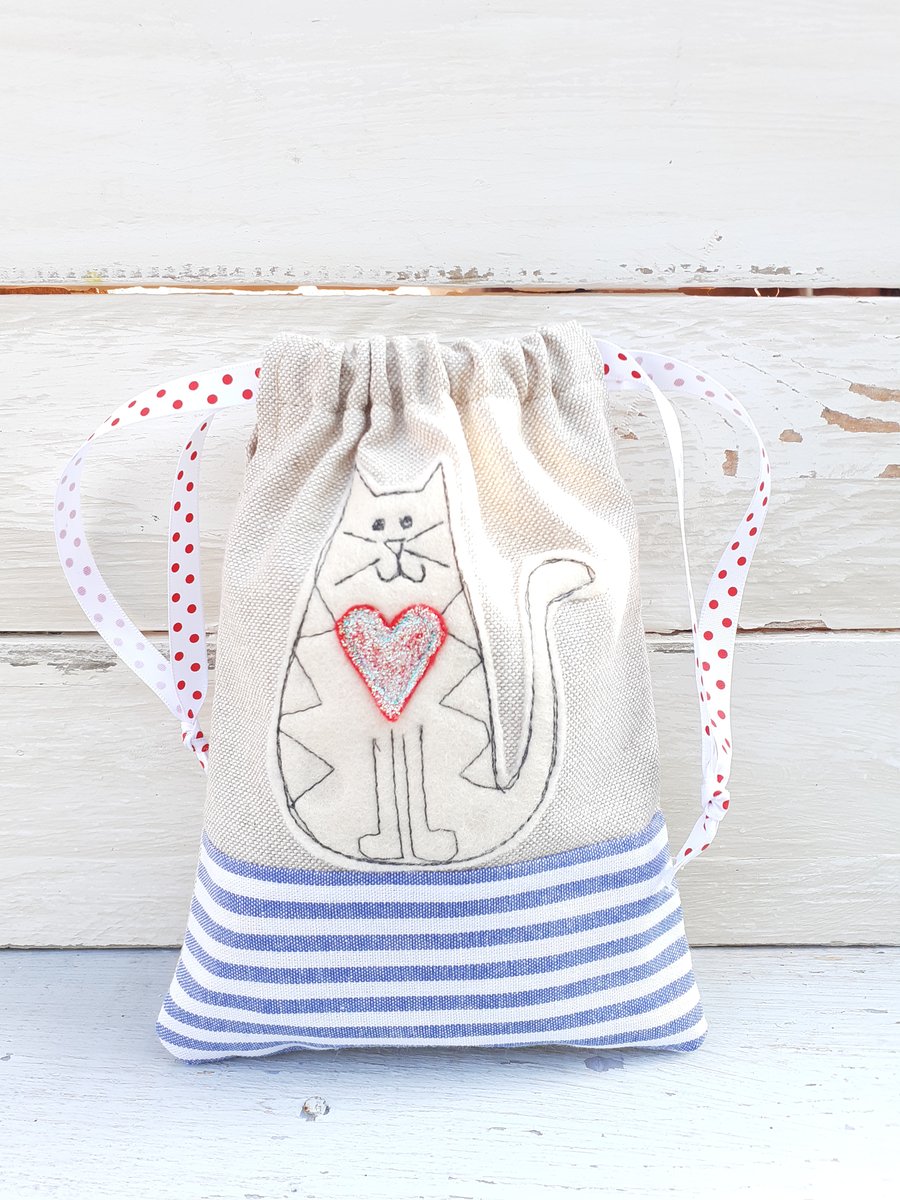 Stitched Fabric Gift Bag with Applique Cat Design