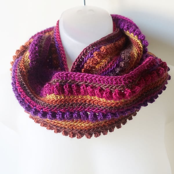 Infinity scarf Autumn Fire Colours.  Warm and soft Acrylic yarn.  Cozy.  Gifts.