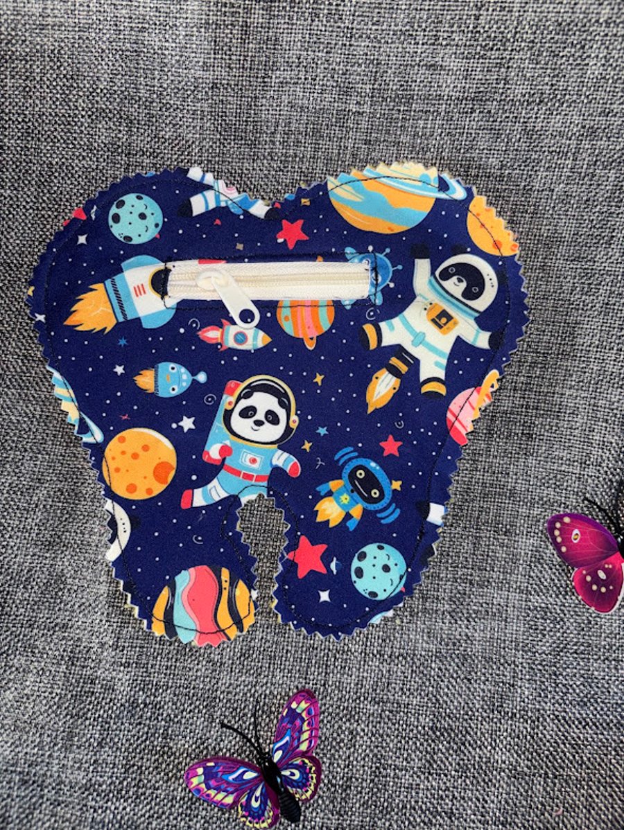 Tooth Fairy Tooth Shaped Pouch.  Spaceman Panda  with Rockets and Planets