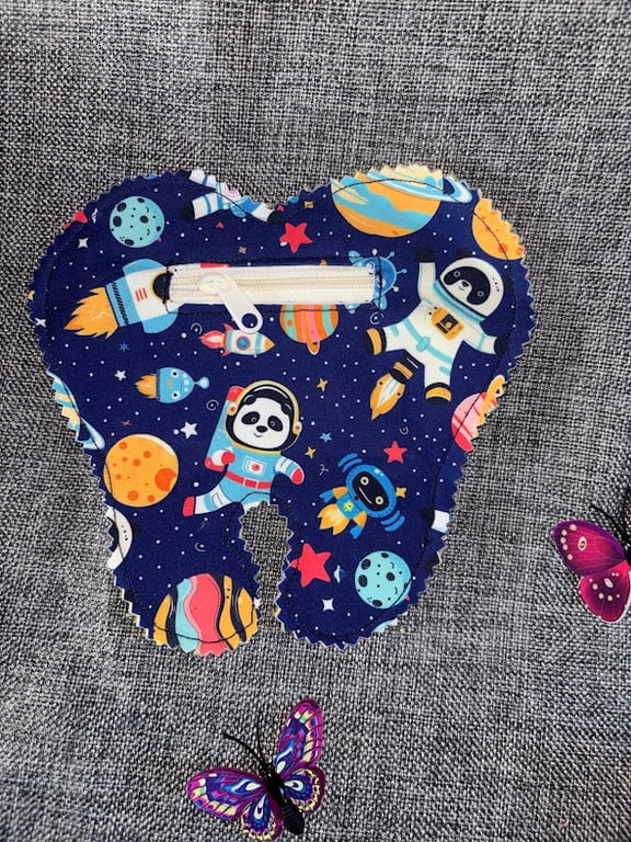 Tooth Fairy Tooth Shaped Pouch.  Spaceman Panda  with Rockets and Planets