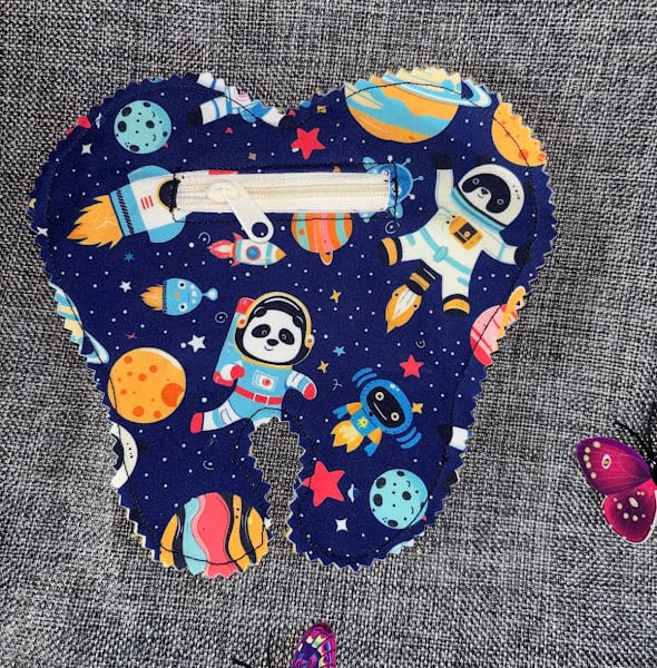 Tooth Fairy Tooth Shaped Pouch.  Spaceman Panda  with Rockets and Planets