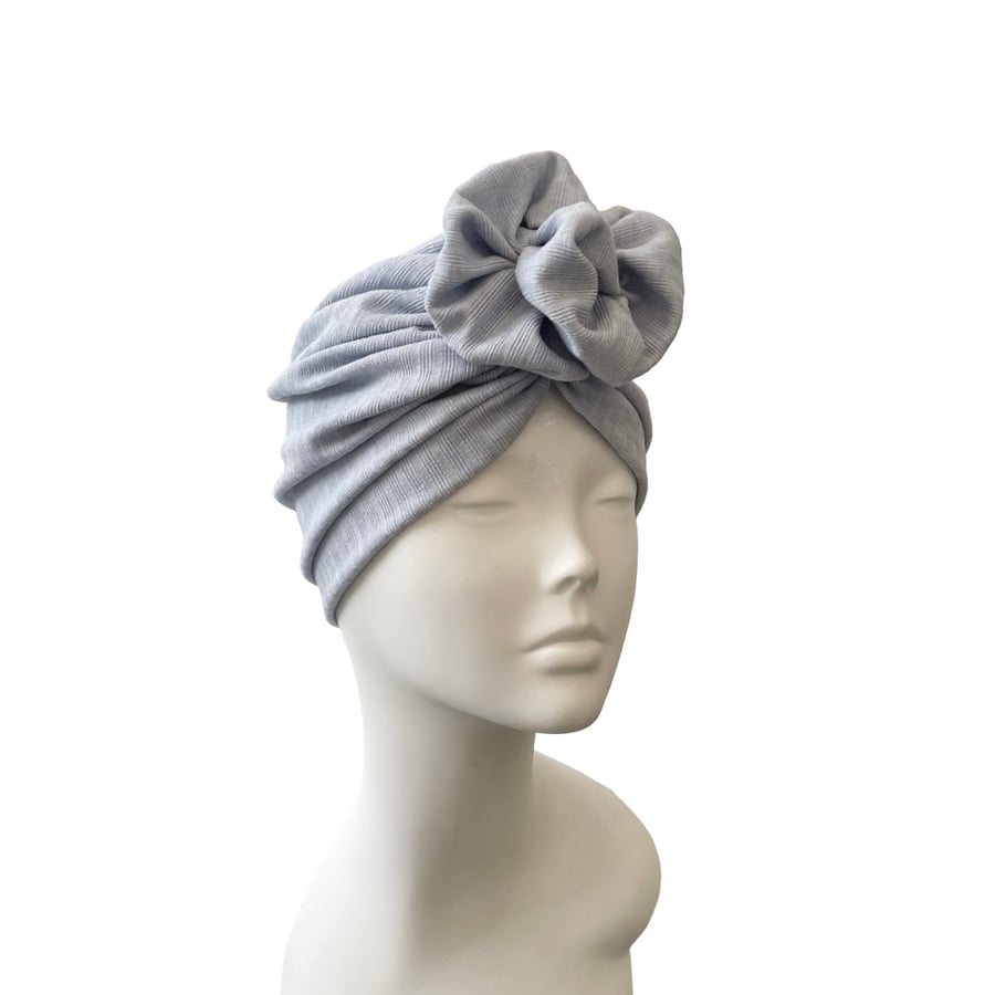 Pale blue rosette knit jersey turban head wrap hat for women for hair loss