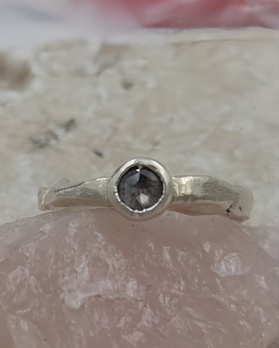 Handmade Salt & Pepper Rose Cut Diamond Ring - Size K