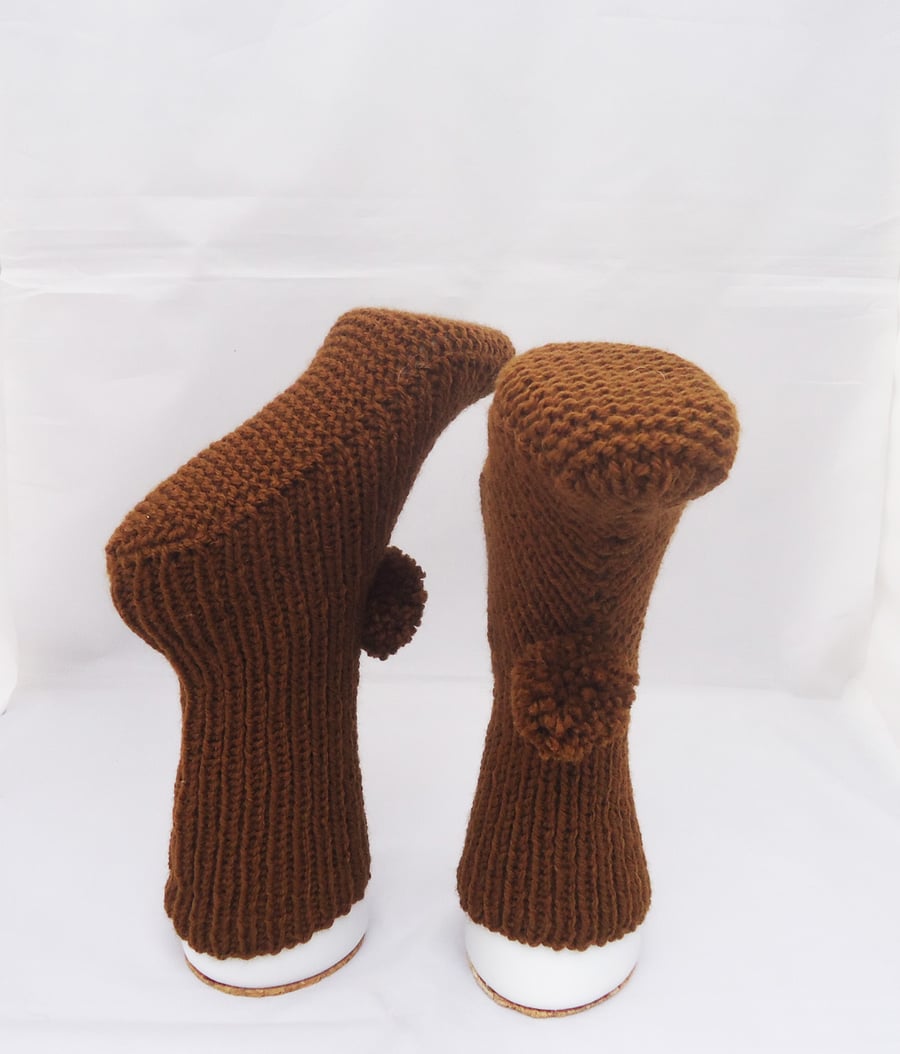 Knit Slippers, Home Socks,Slippers, Brown Slippers with Pom Pom, Indoor Socks