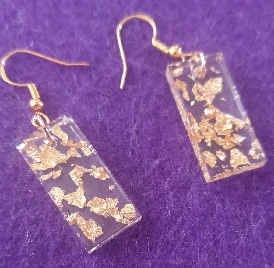 Rectangle gold flake resin earrings