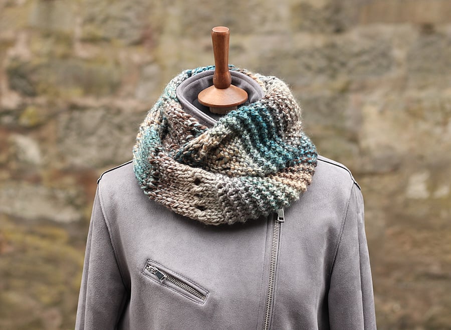 SCARF, knitted super chunky infinity loop scarf, blue brown light grey green mix