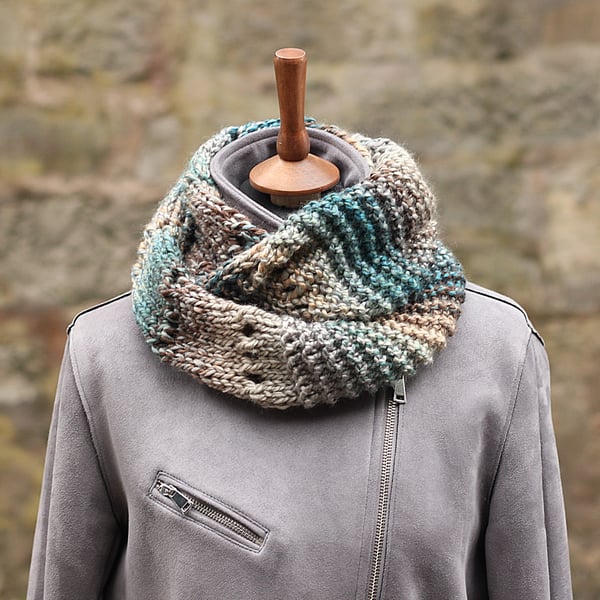 SCARF, knitted super chunky infinity loop scarf, blue brown light grey green mix