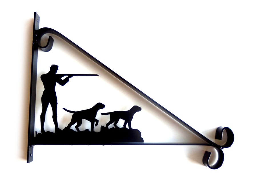 Hunting Scene - Gunman & Dogs - Silhouette Scroll Style Hanging Basket Bracket