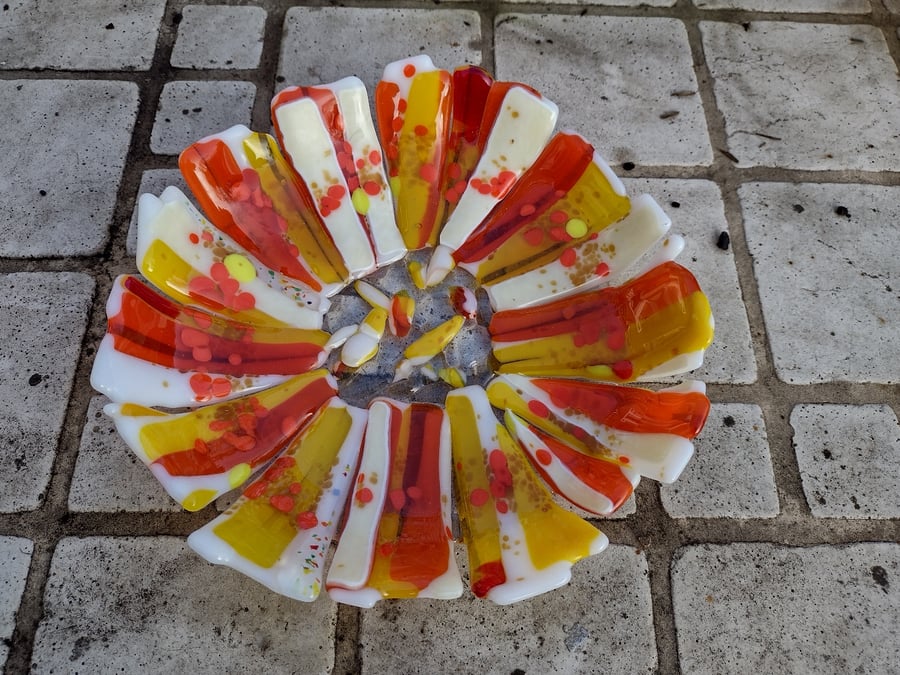 Patchwork White, Red, Orange and Yellow Fused Glass Dish