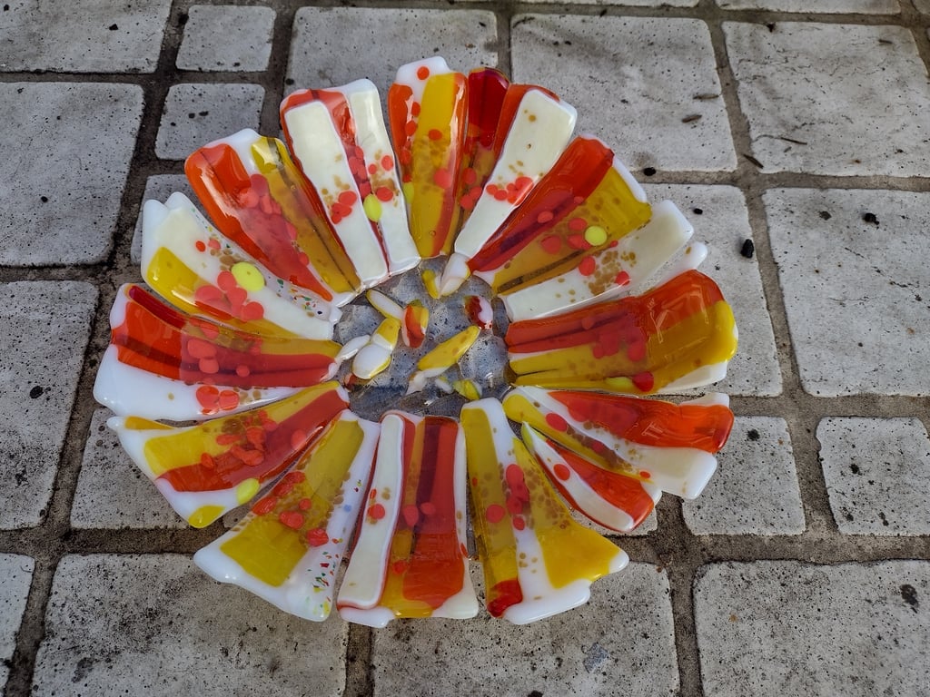 Patchwork White, Red, Orange and Yellow Fused Glass Dish