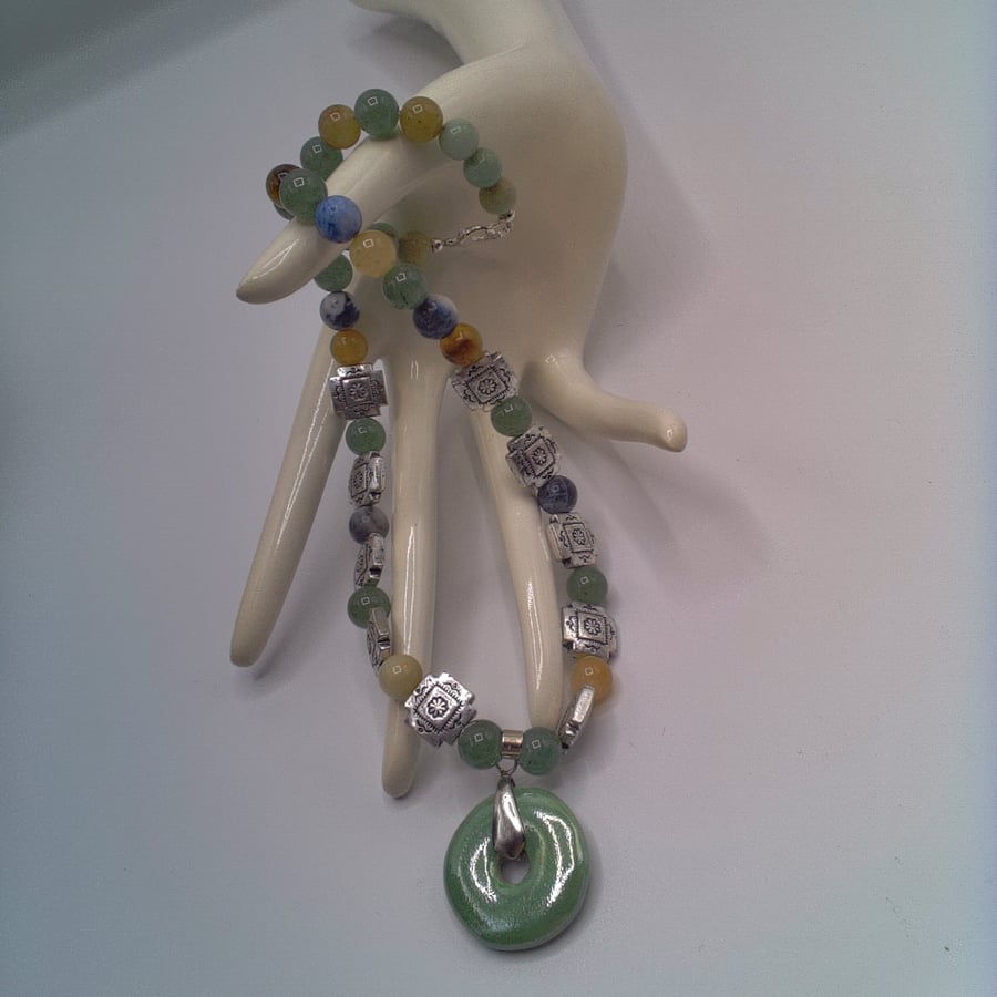 Green Ceramic Donut Pendant on a Mixed Gemstone Beaded Necklace, Gift for Her