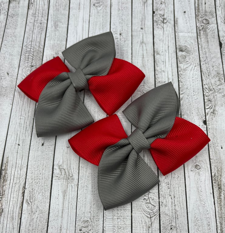 School Red and Grey Square Double with Bows on Clips (pair)