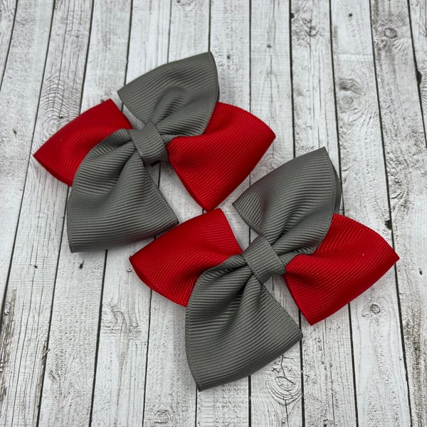School Red and Grey Square Double with Bows on Clips (pair)