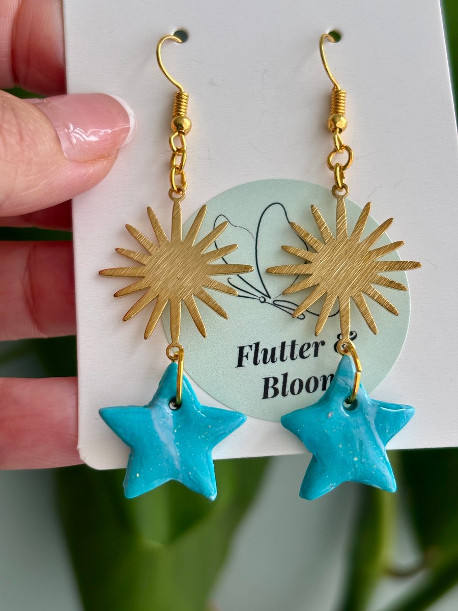 Starglow earrings- Celestial sun and star drop earrings turquoise and gold