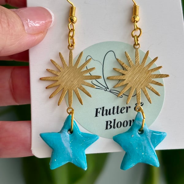 Starglow earrings- Celestial sun and star drop earrings turquoise and gold