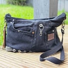 Handmade Upcycled Denim Crossbody Bag – Eco-Friendly Black Jean Shoulder Bag