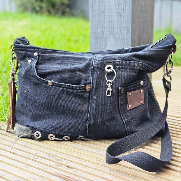 Handmade Upcycled Denim Crossbody Bag – Eco-Friendly Black Jean Shoulder Bag