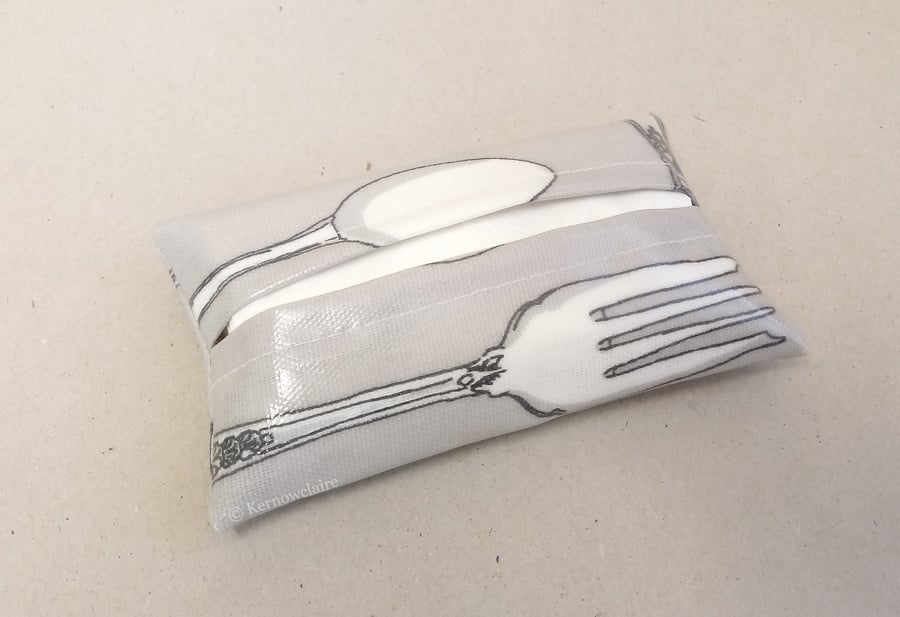 SALE 15% OFF Pocket tissue holder in grey with cutlery pattern, tissues included