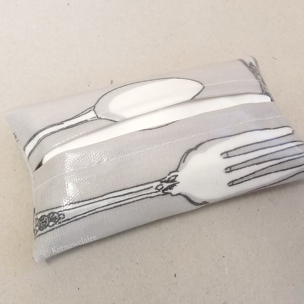 SALE 15% OFF Pocket tissue holder in grey with cutlery pattern, tissues included