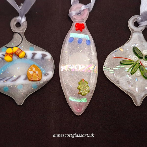 Three Handmade Fused Glass 3D Baubles in Opaline, Light Blue, Mistletoe 
