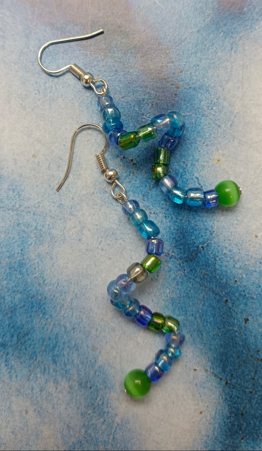 Gorgeous Blue & Green Glass Twisting Beaded Earrings