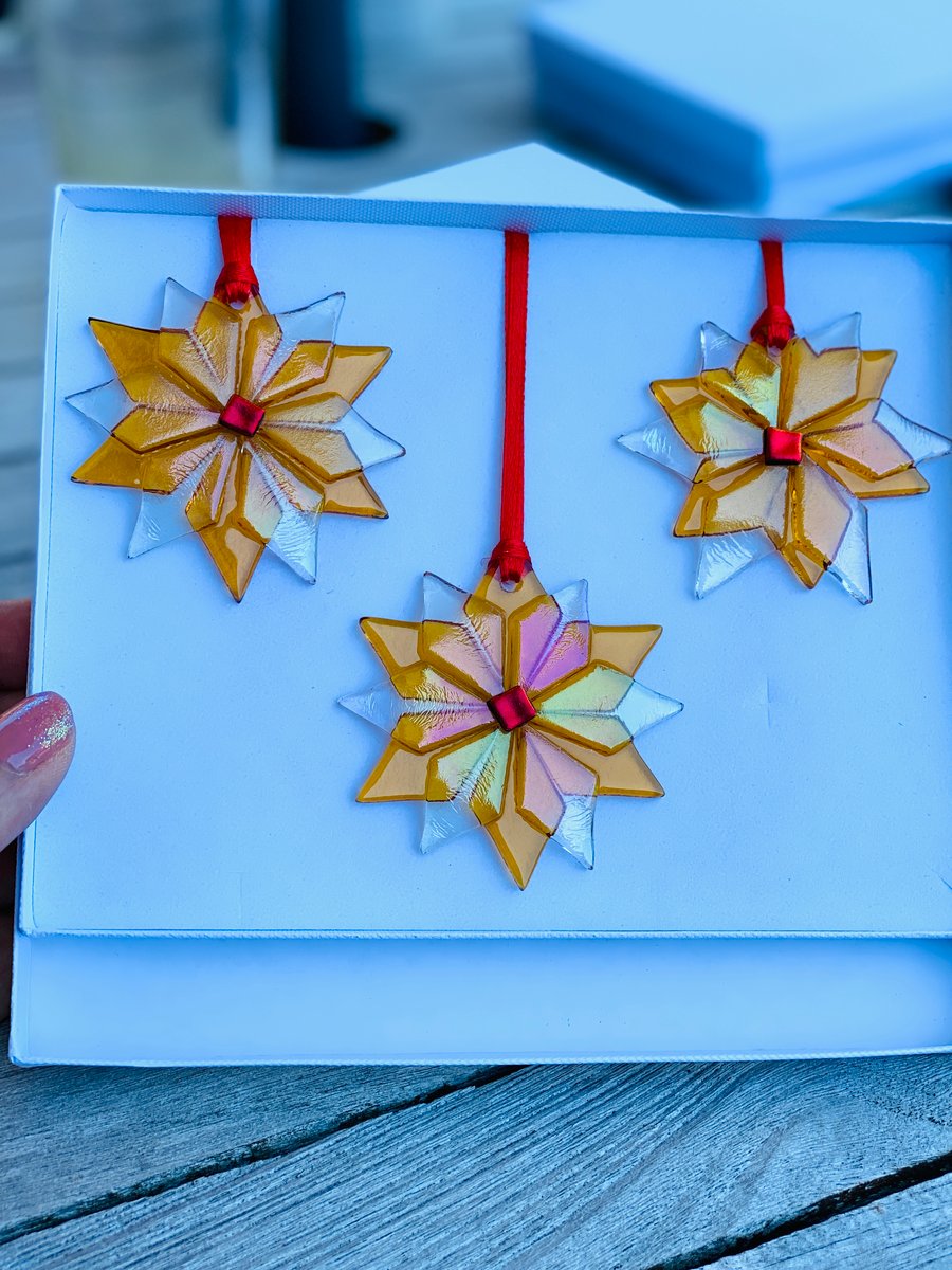 Gold fused glass star hanging Christmas decorations