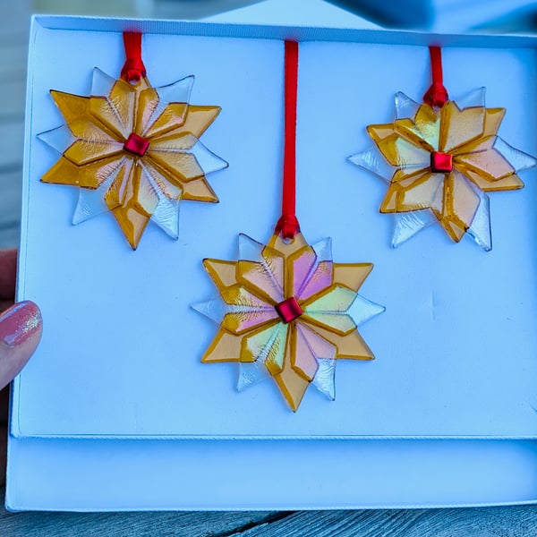 Gold fused glass star hanging Christmas decorations