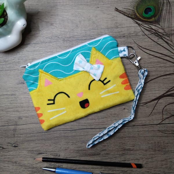 Cute happy cat zip purse with wrist strap