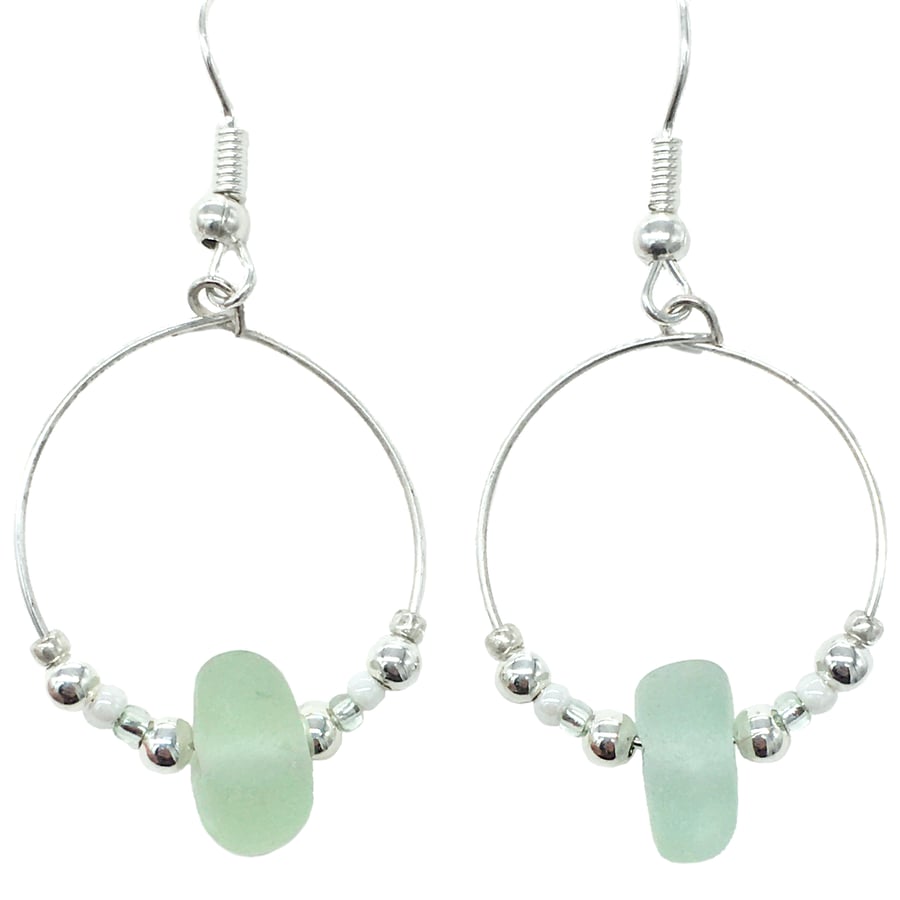 Green Seaglass Silver Hoop Earrings - Handmade Scottish Sea Glass Jewellery