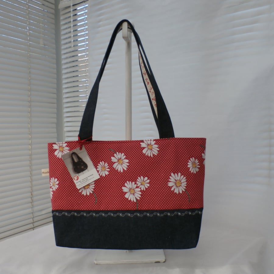Red White Polka Dot Daisy Tote Bag With Denim Handles And Base 