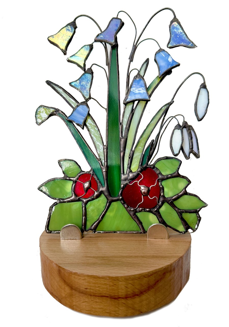 Stained Glass Art Wild Flowers Bluebells Snowdrops.  Solid Beech Base.