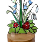 Stained Glass Art Wild Flowers Bluebells Snowdrops.  Solid Beech Base.