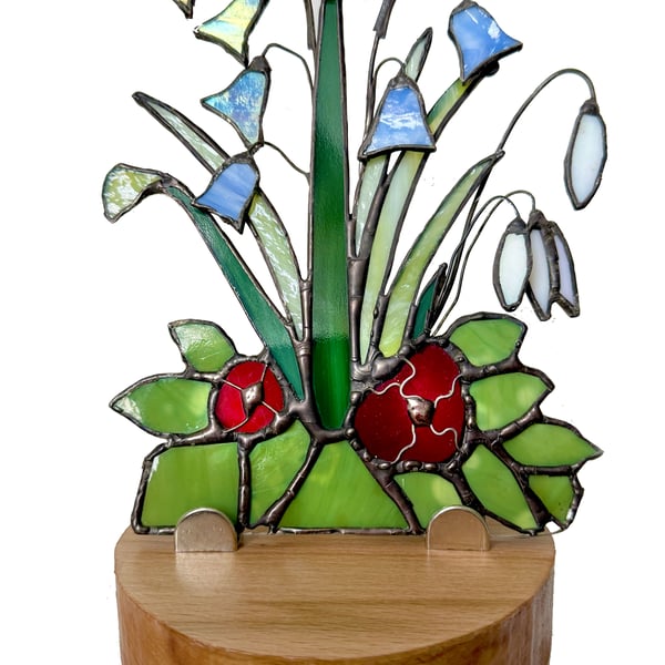 Stained Glass Art Wild Flowers Bluebells Snowdrops.  Solid Beech Base.