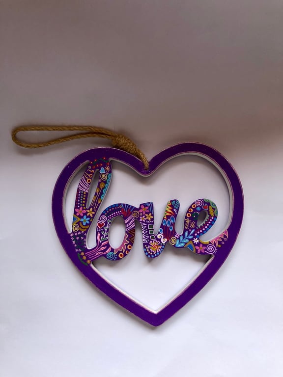 Purple hand painted hanging love heart