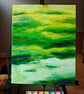 Original Green Acrylic Landscape Painting with Birds on Canvas, 40.6cm x 50cm - Image 5