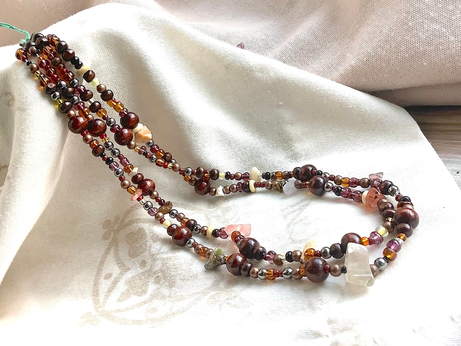 Gemstone wooden beads earthy boho 2 strand necklace 