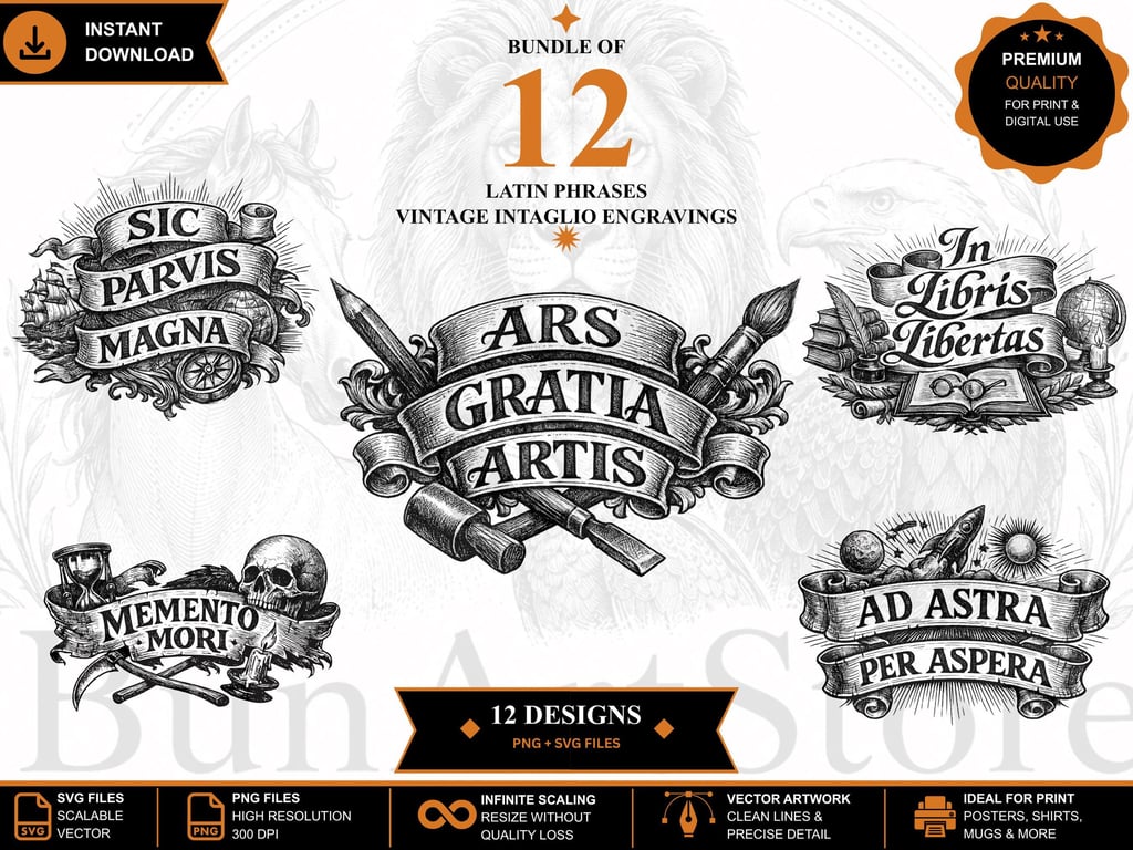 Vintage Latin Phrase SVG Bundle Engraved Quotes, Memento Mori, Carpe Diem (Digit